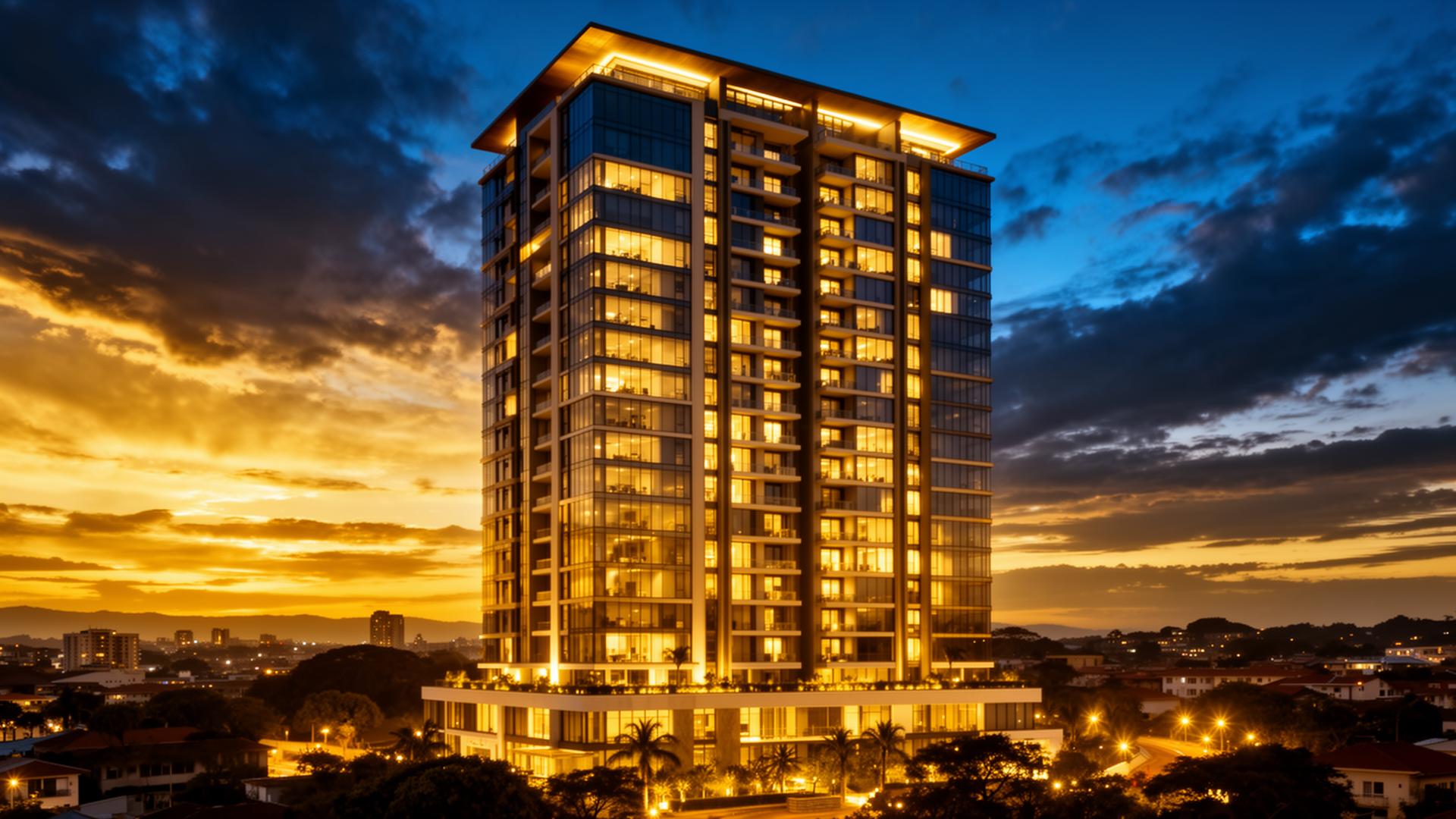 Tower exterior at twilight